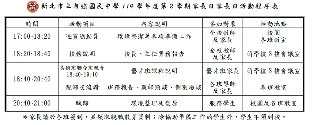 新北市立自強國民中學114學年度第2學期家長日活動程序表