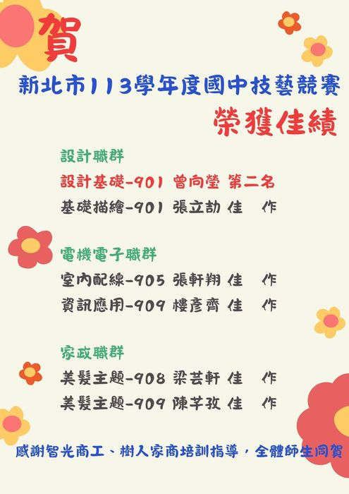 【輔導處】賀！本校參加新北市113學年度國中技藝競賽榮獲佳績！圖片