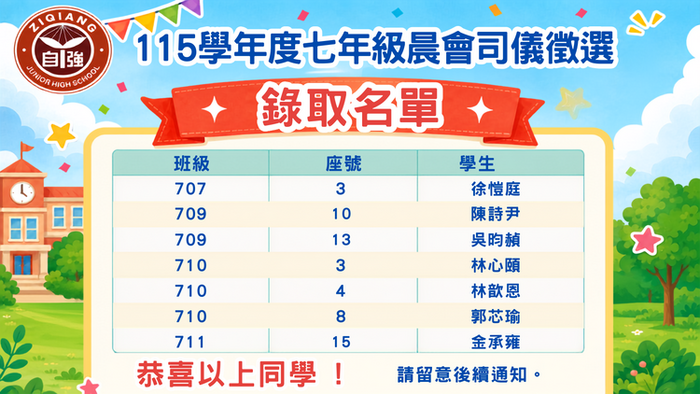115學年度七年級晨會司儀甄選錄取名單